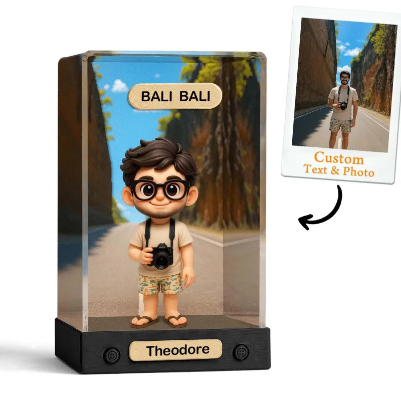Gepersonaliseerde 3D Minifiguur van Jouw Foto – Uniek Speelfiguur met Achtergrond en Acryl Displaybox