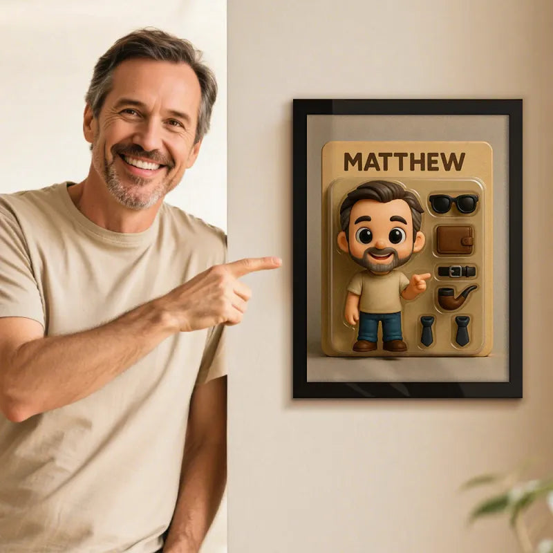 Volledige Body Gepersonaliseerd Mini Figuur Portret – Cartoonstijl Fotokader met Naamplaatje | Uniek Cadeau in Toy-Box Design