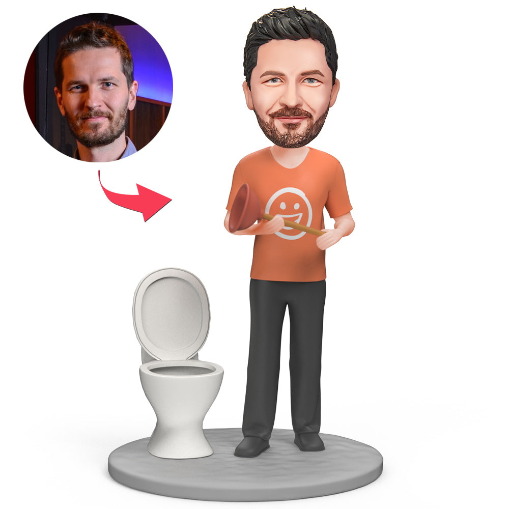 Man Cleans the Toilet – Gepersonaliseerde Bobblehead met Gegraveerde Tekst