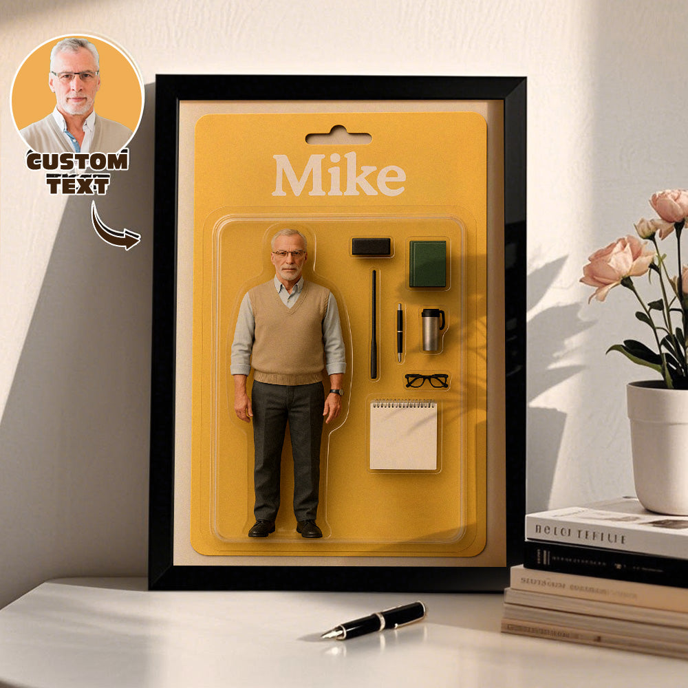 Volledige Body Gepersonaliseerd Mini Figuur Portret – Toy Box Design Fotokader met Naamplaatje | Uniek Cadeau van Eigen Foto