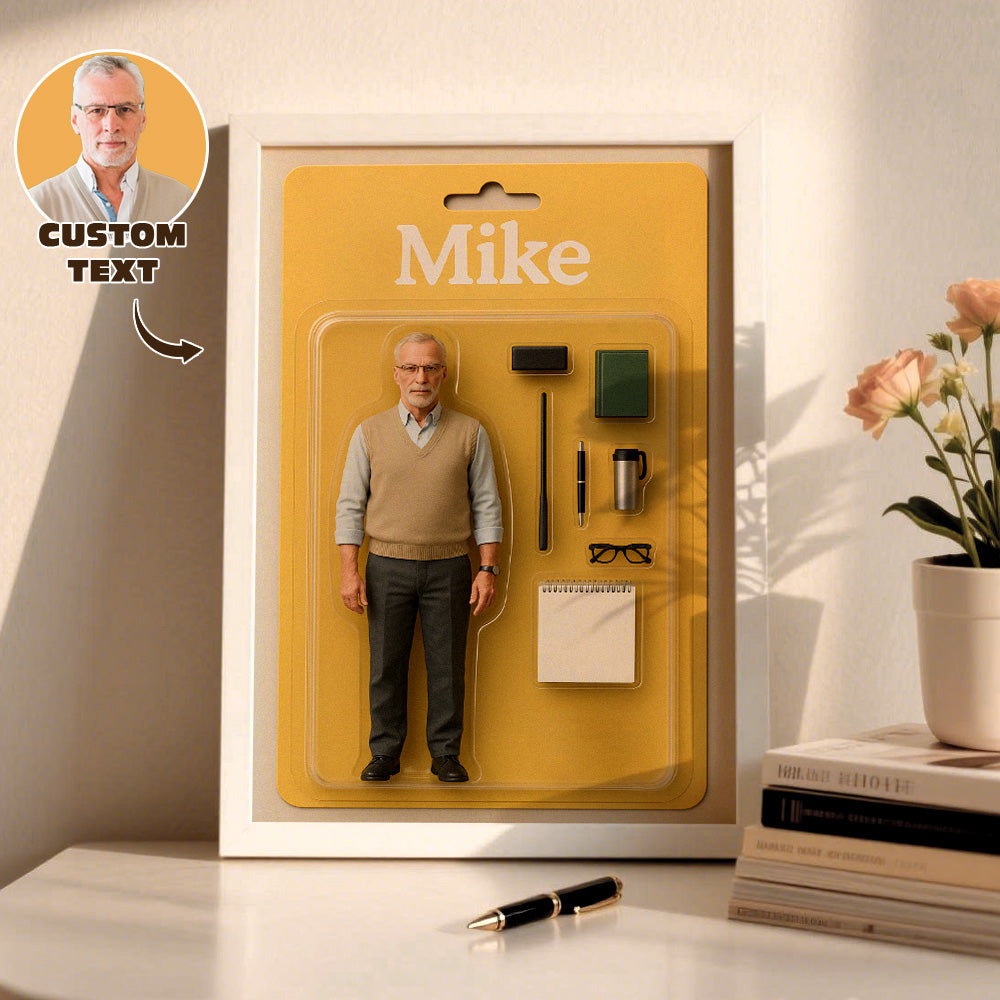 Volledige Body Gepersonaliseerd Mini Figuur Portret – Toy Box Design Fotokader met Naamplaatje | Uniek Cadeau van Eigen Foto