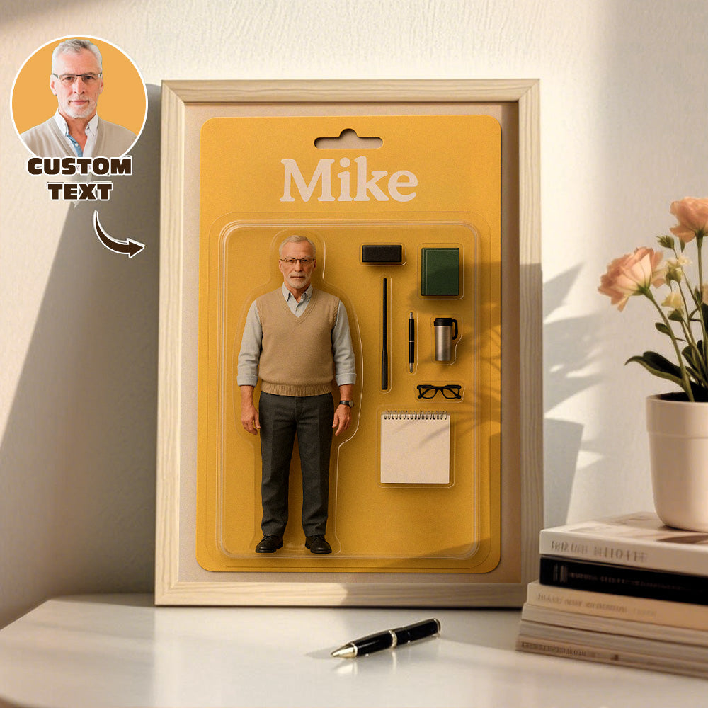 Volledige Body Gepersonaliseerd Mini Figuur Portret – Toy Box Design Fotokader met Naamplaatje | Uniek Cadeau van Eigen Foto