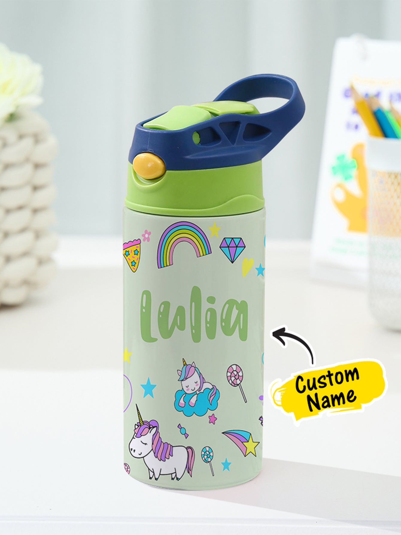 Personalized Name Cartoon Rainbow Unicorn Stainless Steel Tumbler – 350ML Insulated Cup with Custom Design