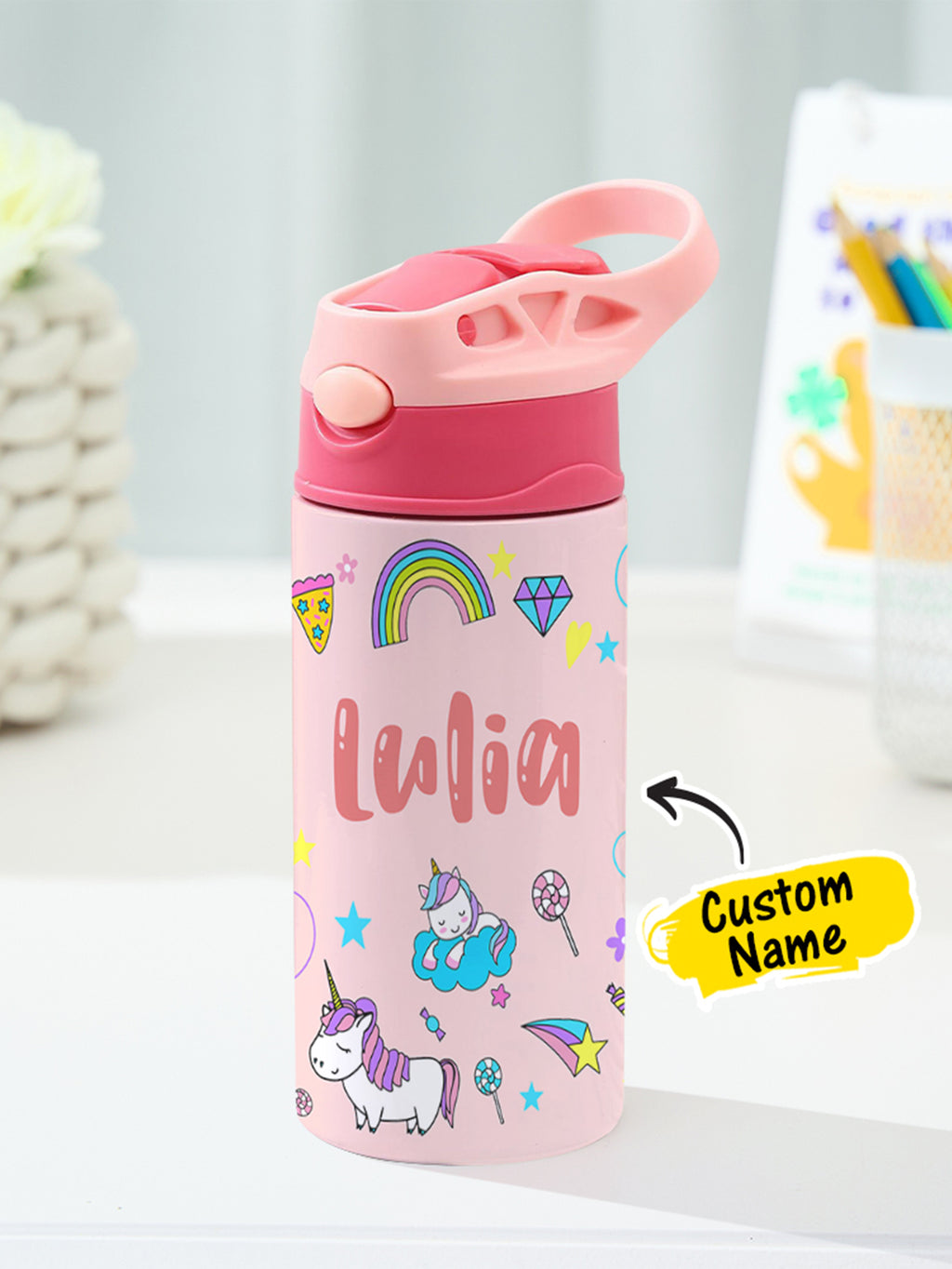 Personalized Name Cartoon Rainbow Unicorn Stainless Steel Tumbler – 350ML Insulated Cup with Custom Design