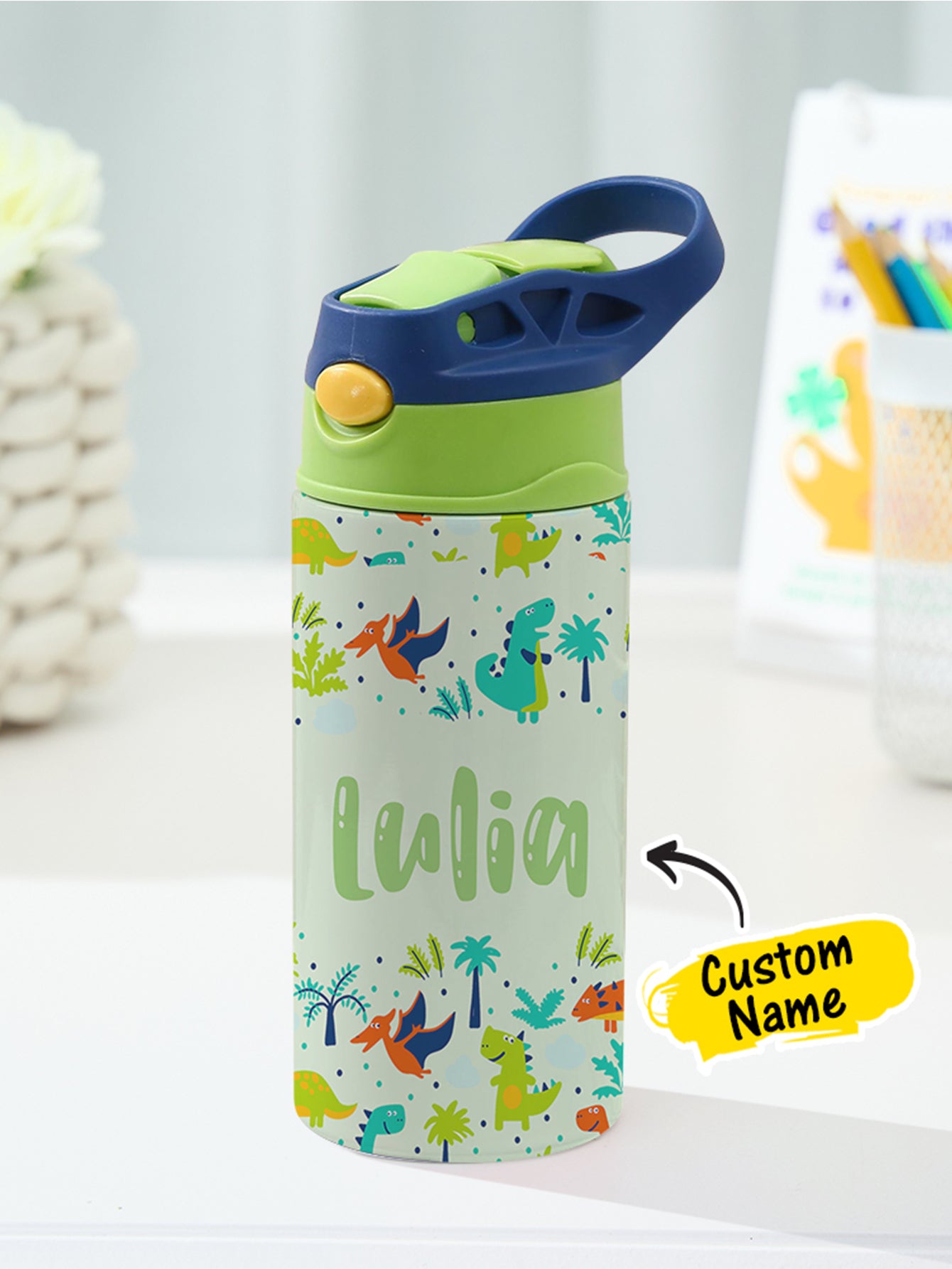 Personalized Name Cartoon Dinosaur Stainless Steel Tumbler – 350ML Insulated Cup with Custom Design