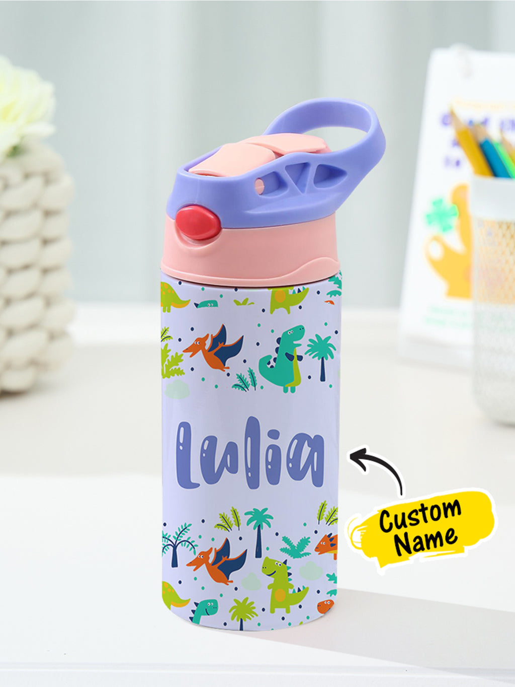 Personalized Name Cartoon Dinosaur Stainless Steel Tumbler – 350ML Insulated Cup with Custom Design