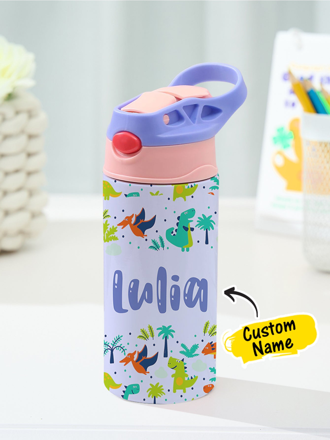 Personalized Name Cartoon Dinosaur Stainless Steel Tumbler – 350ML Insulated Cup with Custom Design