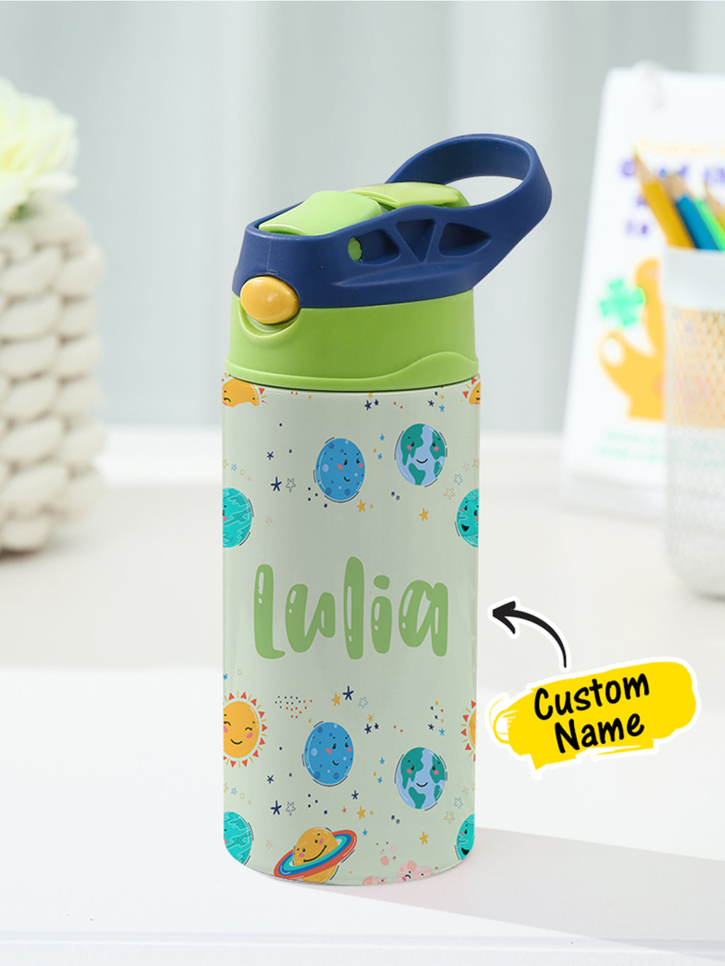Personalized Name Cartoon Planets Stainless Steel Tumbler – 350ML Insulated Cup with Custom Design