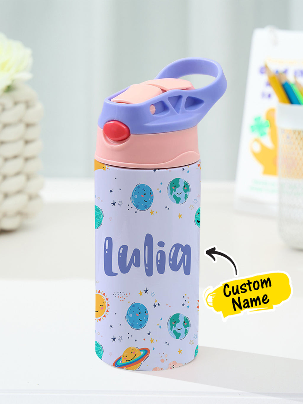 Personalized Name Cartoon Planets Stainless Steel Tumbler – 350ML Insulated Cup with Custom Design