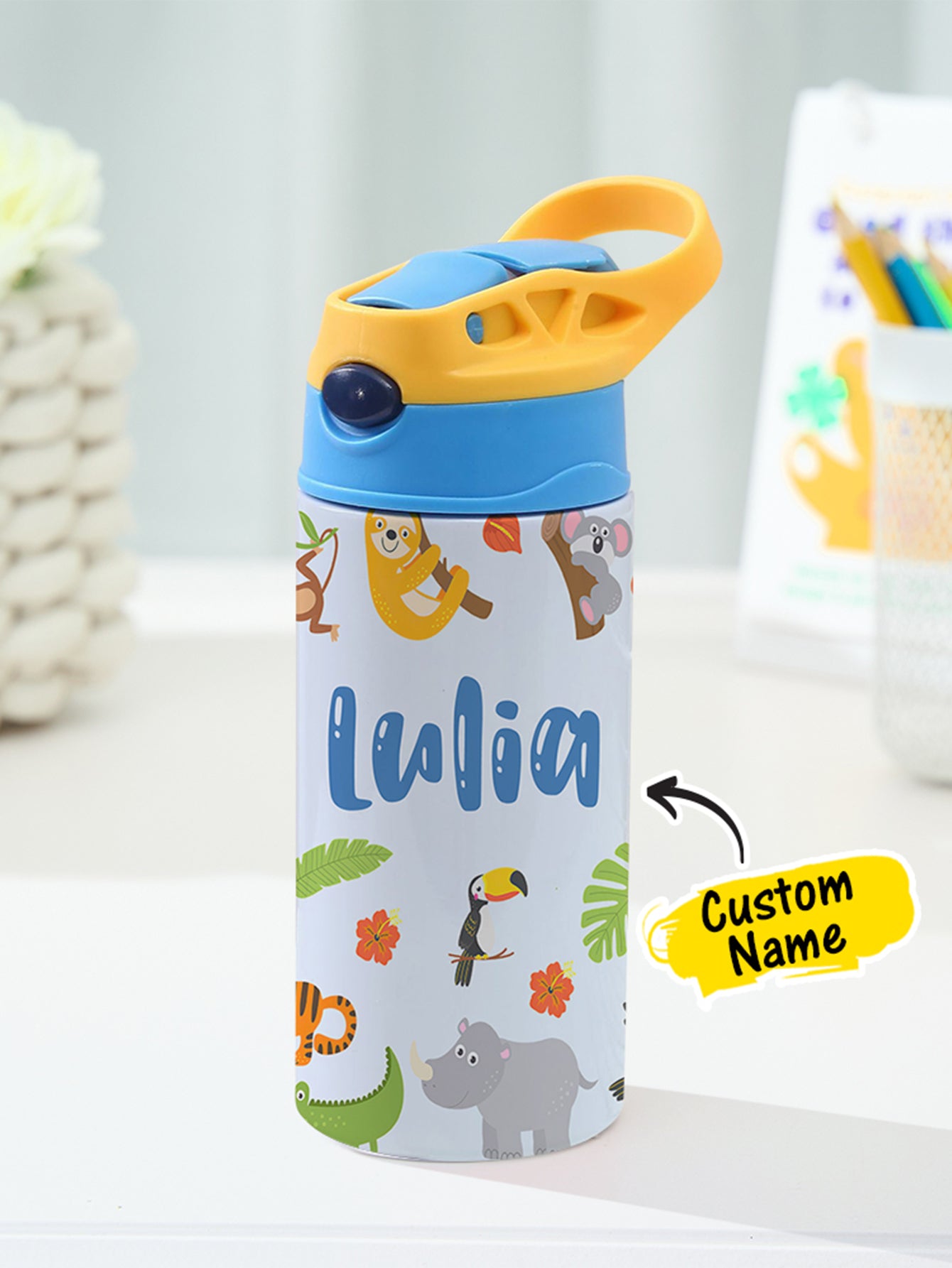 Personalized Name Cartoon Zoo Animals Stainless Steel Tumbler – 350ML Insulated Cup with Custom Design