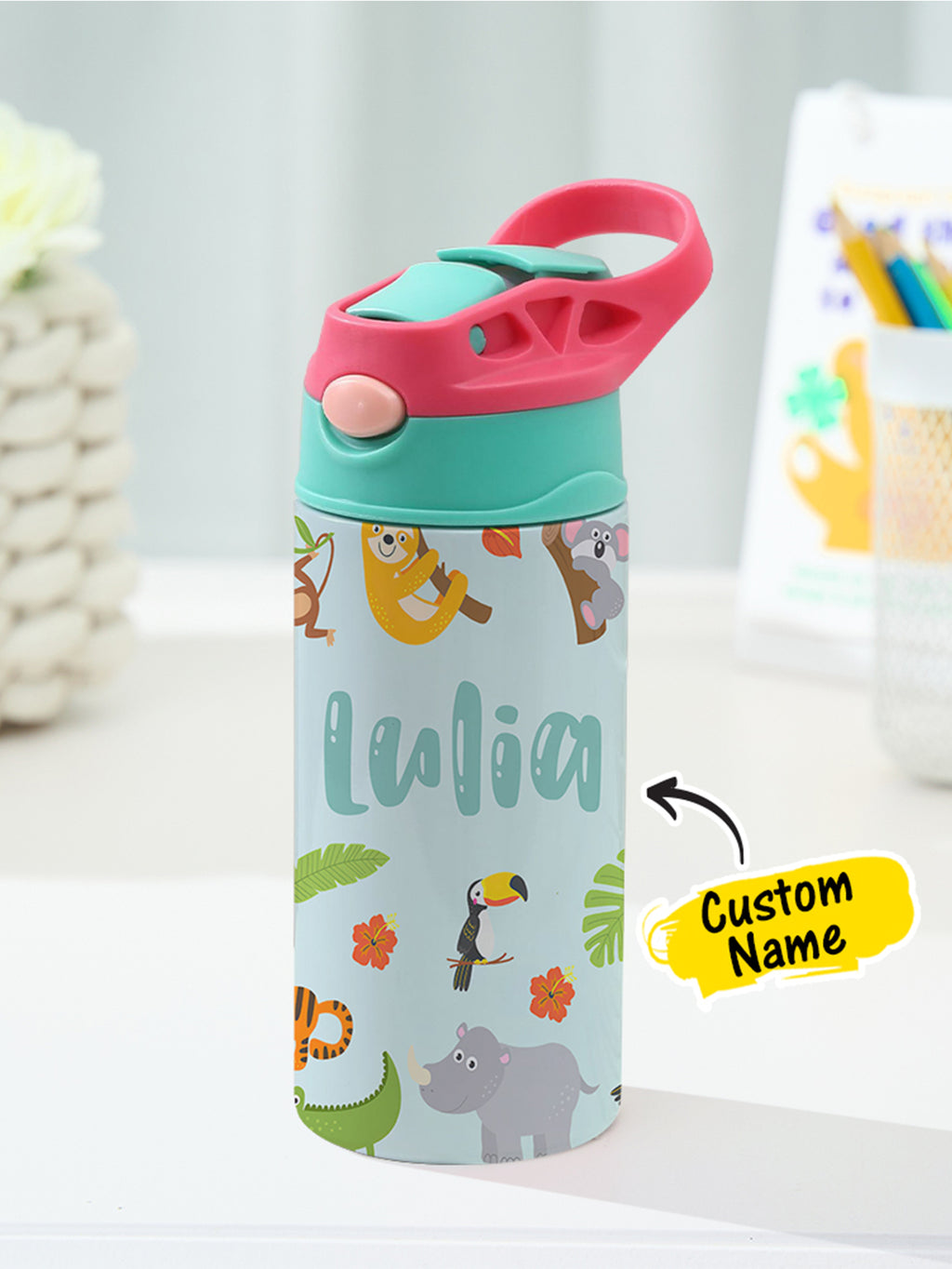 Personalized Name Cartoon Zoo Animals Stainless Steel Tumbler – 350ML Insulated Cup with Custom Design