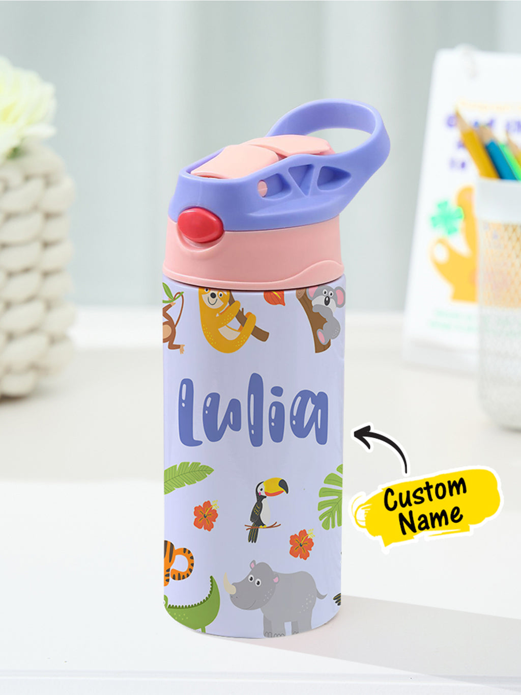 Personalized Name Cartoon Zoo Animals Stainless Steel Tumbler – 350ML Insulated Cup with Custom Design