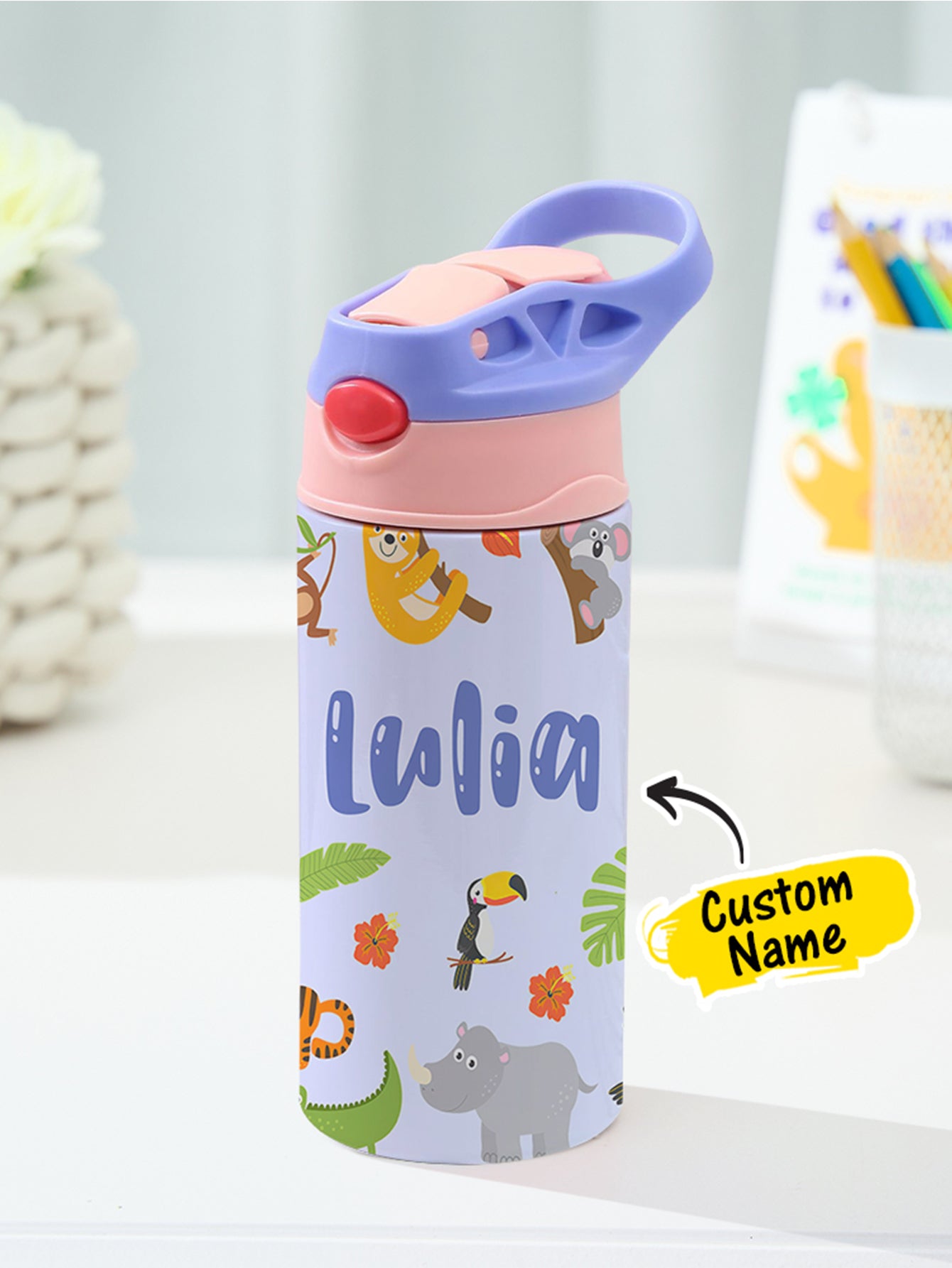 Personalized Name Cartoon Zoo Animals Stainless Steel Tumbler – 350ML Insulated Cup with Custom Design