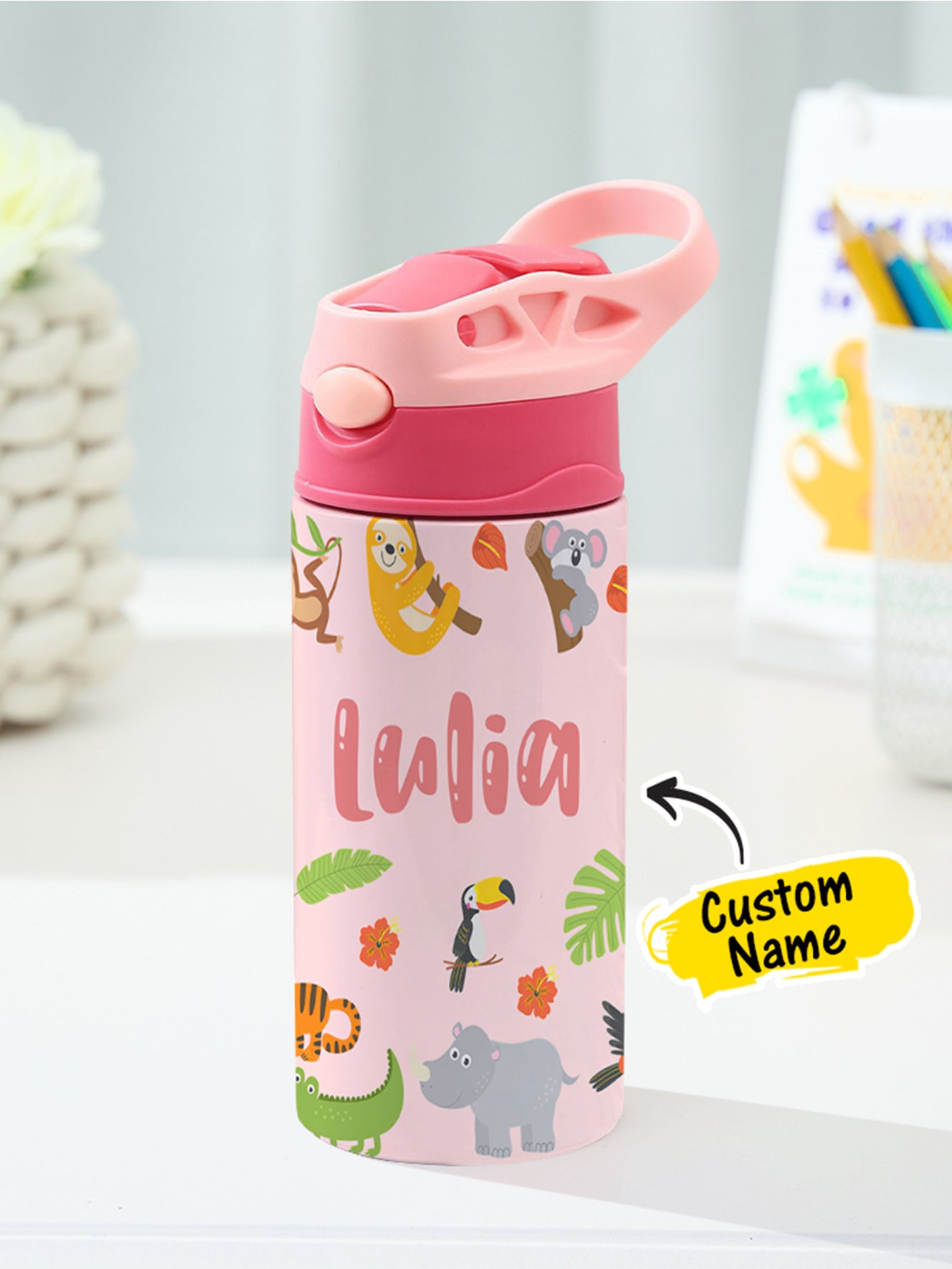 Personalized Name Cartoon Zoo Animals Stainless Steel Tumbler – 350ML Insulated Cup with Custom Design