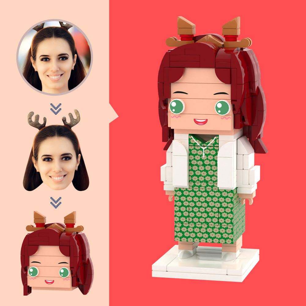 Gepersonaliseerd Hoofd – Groen Bloemenjurk Brick Figuur | Uniek Cadeau voor Haar op Basis van Eigen Foto