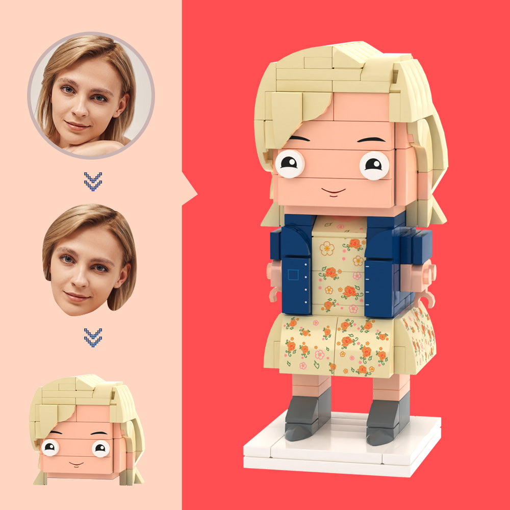 Gepersonaliseerd Hoofd – Gele Bloemenjurk Brick Figuur | Uniek Cadeau voor Haar op Basis van Eigen Foto