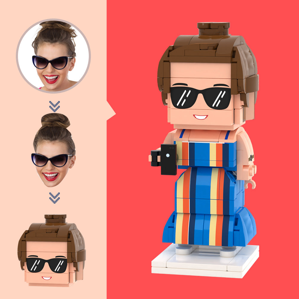 Gepersonaliseerd Hoofd – Casual Rok Brick Figuur | Uniek Cadeau voor Haar op Basis van Eigen Foto