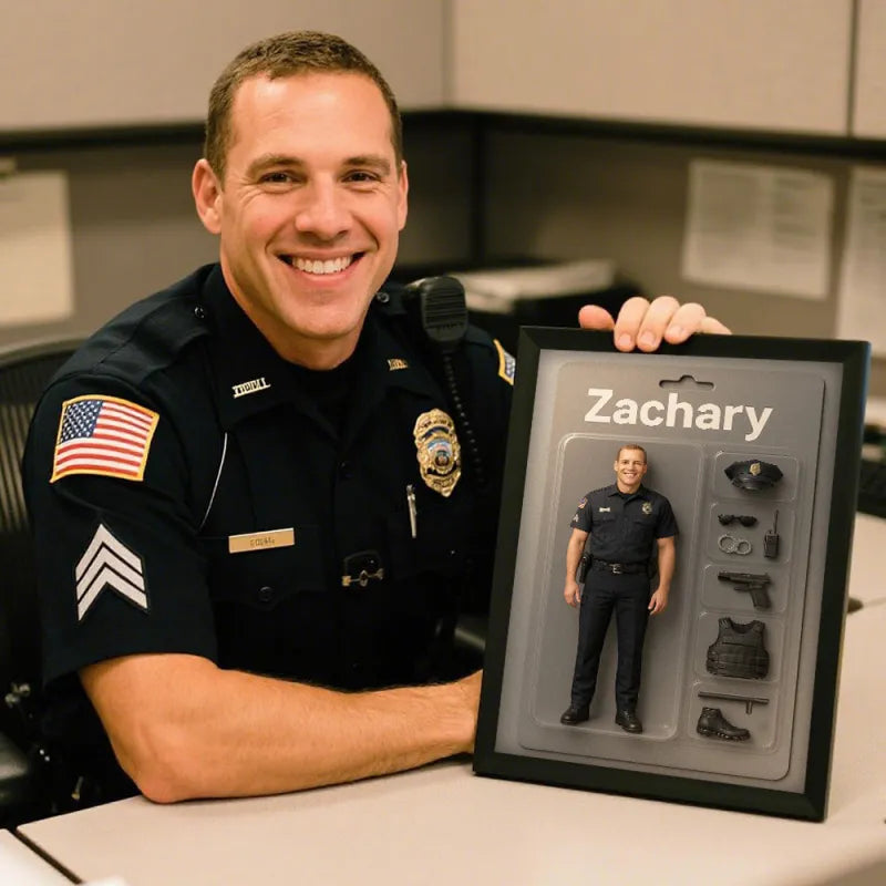 Volledige Body Gepersonaliseerd Mini Figuur Portret – Toy Box Design Fotokader met Naamplaatje | Uniek Cadeau van Eigen Foto